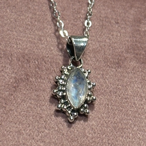 Rainbow Moonstone Faceted Marquise Halo Pendant Sterling Silver - Picture 8 of 8